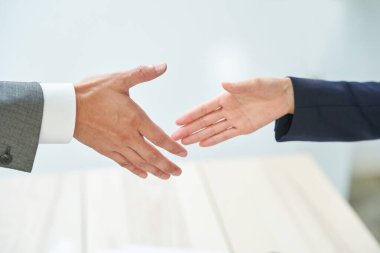 business man and woman shaking hands at office