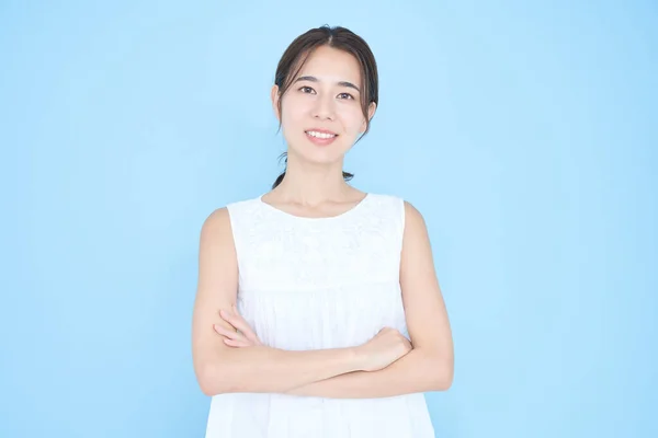 Asian Young Woman Wearing Sleeveless Blue Background — Stock Photo, Image