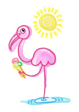 Dondurmalı suluboya Summer Flamingo. Vektör İzi İllüstrasyonu