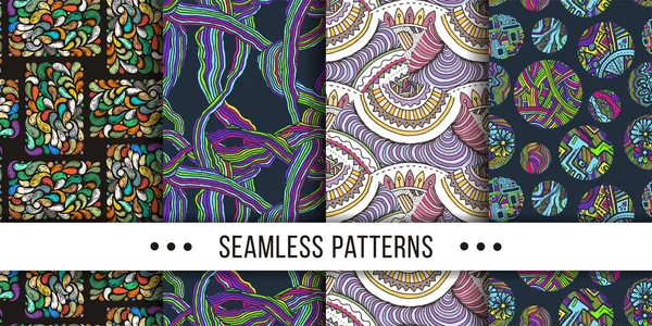 Set Samless Ornate Doodle Hand Drawn Abstract Patterns Vector Illustration — Stock Vector