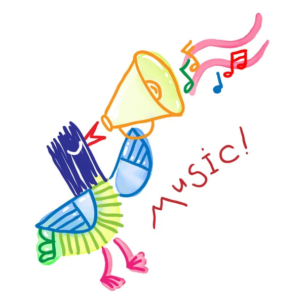 Μουσική Doodle Crazy Και Dunny Bird Ηχείο Ανίχνευση Εικονογράφησης Υδατογραφίας — Διανυσματικό Αρχείο