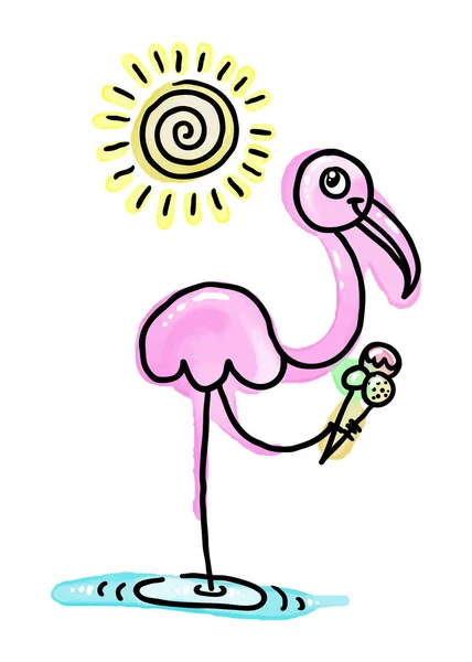 Flamingo Estivo Acquerello Con Gelato Illustrazione Della Traccia Vettoriale — Vettoriale Stock