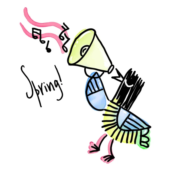 Primavera Doodle Crazy Dunny Bird Con Altavoz Rastros Acuarela Ilustración — Vector de stock