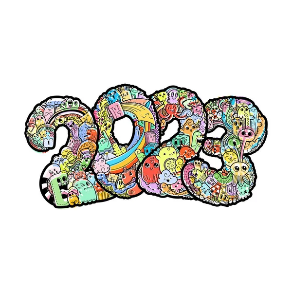 New Year 2023 Monster Doodle Date Ornate Holiday Symbol Vector — Stock Vector