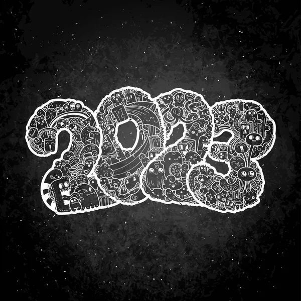 2023年新年 モンスター ドールのデート 休日の象徴 ブラックボード上のプリントとデザインのためのベクトルイラスト — ストックベクタ