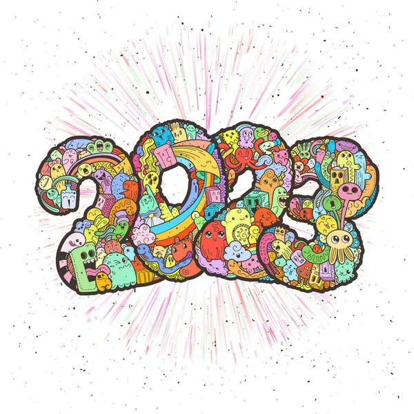 Nieuwjaar 2023 Monster Doodle Afspraakje Ornate Vakantie Symbool Vector Illustratie — Stockvector