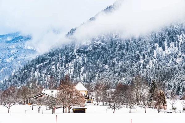 冬季多云的下午 阿尔卑斯山的雪景 复制空间 — 图库照片
