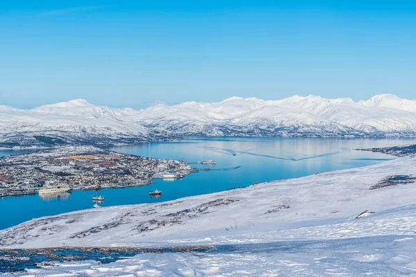 Tromso Norway March 2022 View Norwegian City Tromso Snow Mountains — стокове фото
