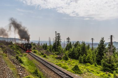 Alman alçak sıradağları Harz 'daki dar ölçülü tren yolu Brockenbahn' ın en yüksek dağı olan Brocken 'a çıkıyor. Boşluğu kopyala.