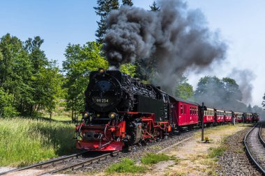 Wernigerode, Almanya - 17.06.2022: Alman alçak dağ sırası Harz 'daki dar ölçülü demiryolu Brockenbahn en yüksek dağı aştı.
