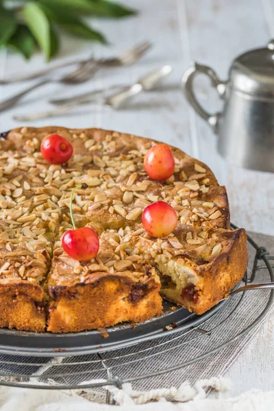 Sweet Cherry Pie Clafoutis Roasted Almonds White Wooden Table Vertical — Stock Photo, Image