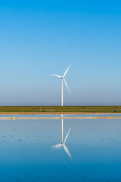 Wind turbine on a summer day with a beautiful reflection in the water, vertical