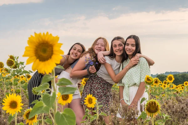 Quattro Ragazze Adolescenti Campo Girasoli Pomeriggio Fine Estate Con Grande — Foto Stock