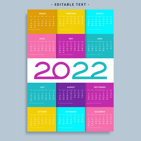 Calendario 2022 Semana Inicio Domingo Plantilla Planificador Diseño Corporativo — Vector de stock