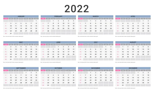 Plantilla Calendario Mensual Para 2022 Años — Vector de stock