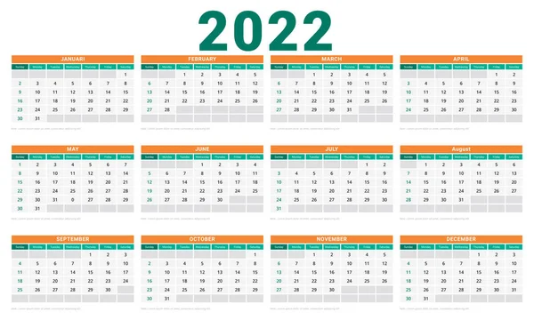 Plantilla Calendario Mensual Para 2022 Años — Vector de stock