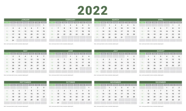 Calendario 2022 Semana Inicio Domingo Plantilla Planificador Diseño Corporativo — Vector de stock