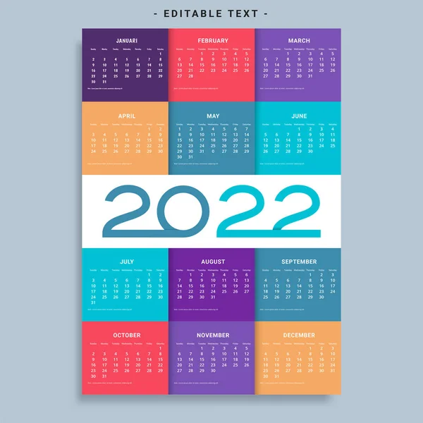 Plantilla Calendario Mensual Para 2022 Años — Vector de stock