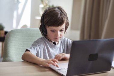 Ciddi odaklı anaokulu öğrencisi internette görüntülü sohbet laptopuyla öğreniyor. Bilgisayar okuyan çocuk