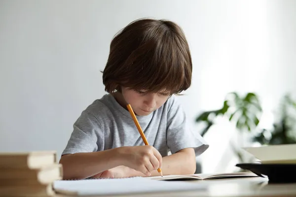 Solicitous, attentive, diligent 6 years old schoolboy learning to write and draw from home — Stock fotografie