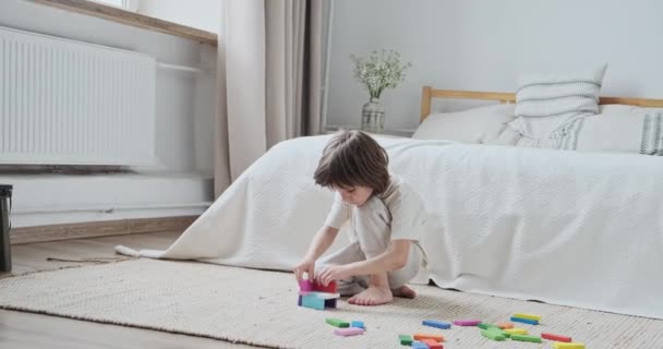 Anak laki-laki lucu fokus membangun arsitektur dengan bata kayu berwarna-warni mengembangkan mainan — Stok Video