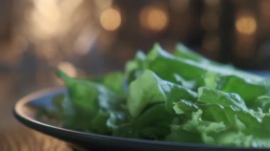  Tabağa sebze salatası yaprakları, taze malzemelerden sağlıklı ve organik yiyecekler koyun. Vejetaryen diyeti.