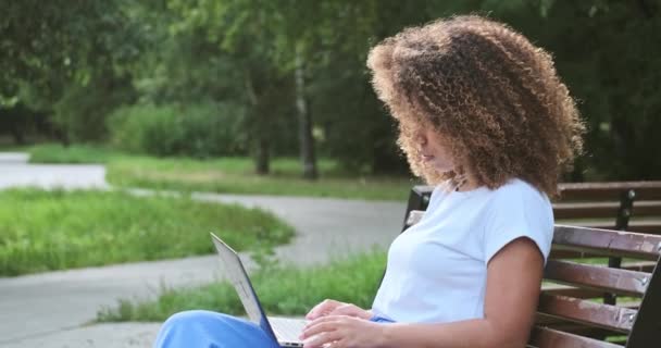 Pensivo criativo misto de negócios de corrida feminina trabalho de planejamento usar laptop pc relaxante no parque de banco — Vídeo de Stock
