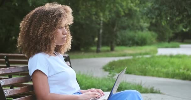 Senhora biracial confiante focada digitando mensagem de texto on-line remotamente e aprendendo educação a distância — Vídeo de Stock