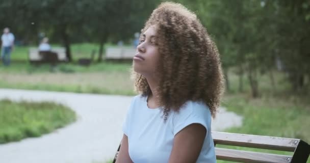 Relaxing smiling young black woman is sitting woman sitting on summer park bench, resting — Stock Video