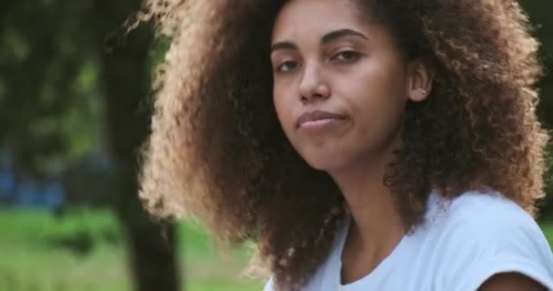 Retrato adorable sonriente mujer rizada afroamericana en camiseta casual blanca posando en el parque de verano — Vídeo de stock