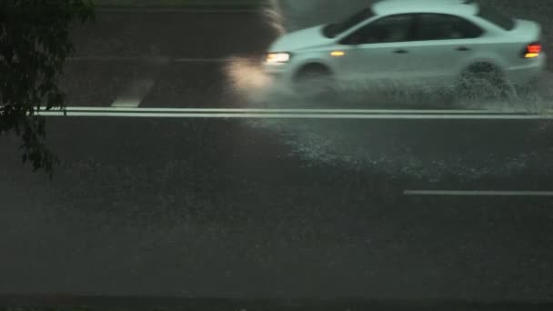 夜城公路街道被倾盆大雨覆盖，周围环绕着天然绿树 — 图库视频影像