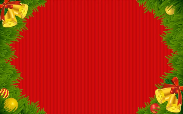 Cadre Feuilles Sapin Avec Cloches Noël Fond Rouge — Image vectorielle
