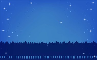 Köknar ağaçlarından oluşan bir ormanın mavi silueti ve yıldızlı gece arkaplanı.