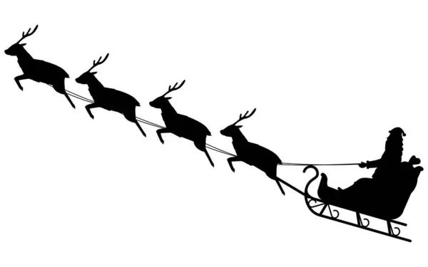Santa Claus Flying Reindeer Pulled Sleigh Silhouette — Stock Vector