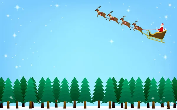 Santa Claus Volando Sobre Trineo Tirado Por Renos Sobre Abeto — Vector de stock