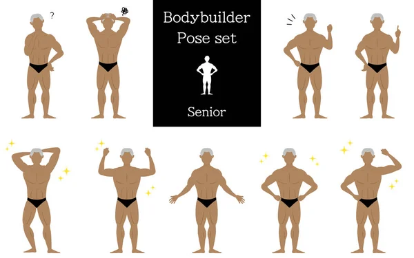 Bodybuilder Senior Männlich Posiert Hinterfragt Besorgt Bauch Posiert Zeigt Usw — Stockvektor