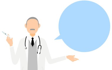 Kıdemli erkek doktor şırınga ve balonla konuşuyor..