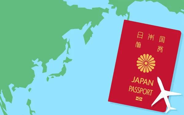 日本全国の世界地図 日本のパスポートと模型飛行機 一般パスポートレッド 日本のパスポート — ストックベクタ
