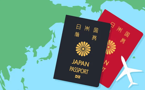 日本の周りの世界地図 日本のパスポートと飛行機モデル 一般パスポート 濃い青と赤 日本のパスポート — ストックベクタ
