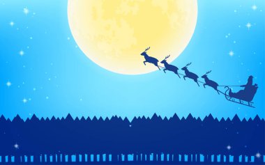 Noel Baba ren geyiği kızağında, dolunayda ve köknar ağacı siluetinde uçuyor.