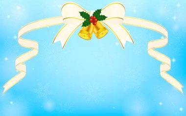 Noel çanları ve mavi parlak kar taneleri arkaplanlı muhteşem gümüşi beyaz kurdele.