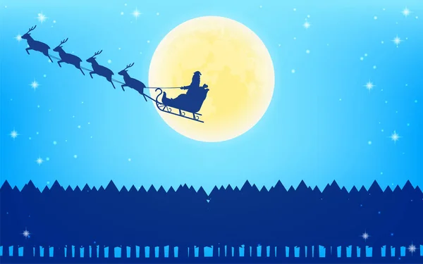 Père Noël Volant Traîneau Rennes Fond Silhouette Pleine Lune Sapin — Image vectorielle