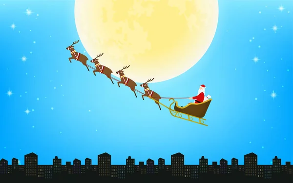 Santa Claus Volando Trineo Renos Fondo Silueta Con Luna Llena — Vector de stock