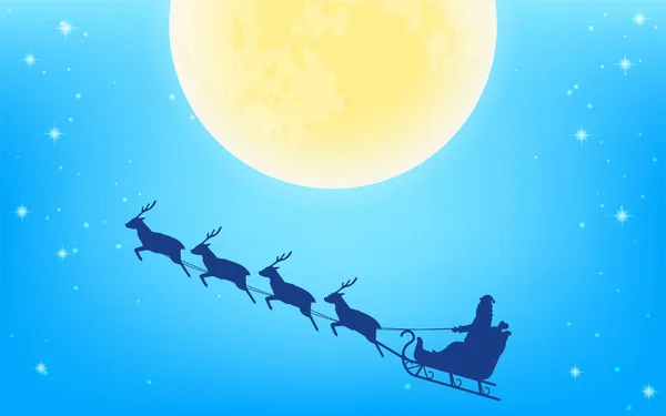 Luna Llena Silueta Santa Claus Volando Trineo Renos — Vector de stock