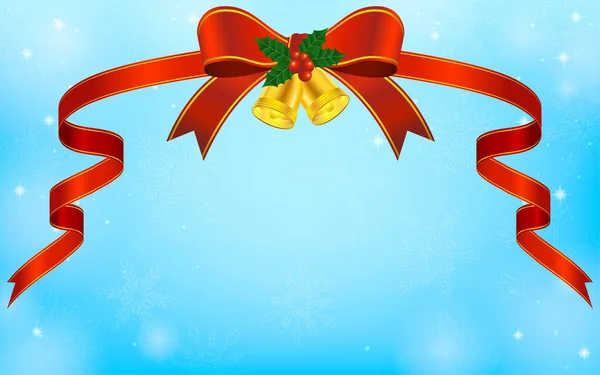 Wunderschöne Rote Schleife Mit Weihnachtsglocken Und Blauer Glitzernder Schneeflockenhintergrund — Stockvektor