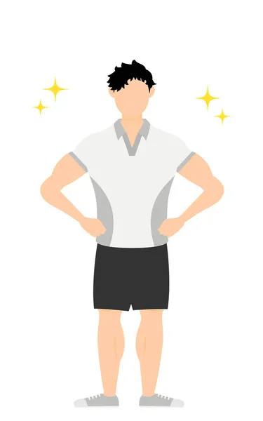 Gym Instructeur Mannelijke Pose Staande Met Handen Heupen — Stockvector