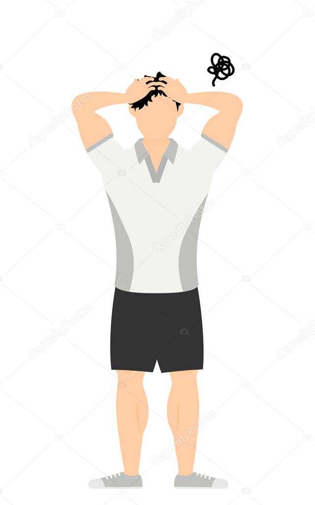 Gym instructor male posing, head in distress