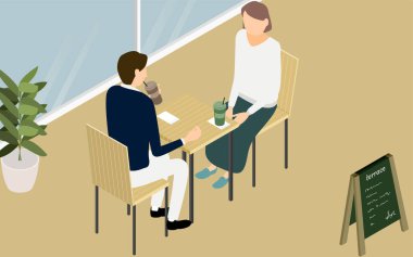 Isometric, erkekler ve kadınlar odunsu bir kafenin terasında çay içiyorlar.