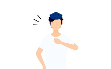 Göğsünü okşayan gülümseyen bir erkek patenci.