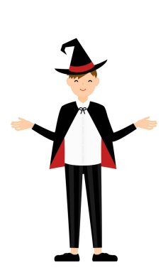 Cadılar Bayramı kostümü, büyücü kostümlü çocuk kollarını kaldırıyor.